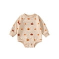 thumbnail image 1 of Qmyliery Baby Halloween Romper, Long Sleeve Smiling Pumpkin Crew Neck Snap Romper, Infant/Toddler Boys Girls Triangle Bottom Jumpsuit,3-18 Months, 1 of 8