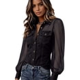 thumbnail image 7 of KLHDSF Denim Shirt Women Button Down Mesh Long Sleeve Jean Shirts Chambray Pearl Snap Shirt, Trendy Spliced Jean Tops, Chest Pockets, Daily Wear Black L, 7 of 7