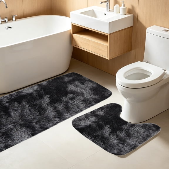 2-Piece Extra Long Bathroom Mat Set, Soft Absorbent Non-Slide Thick Rugs for Toilet & Shower, Washable Quick-Dry Dark