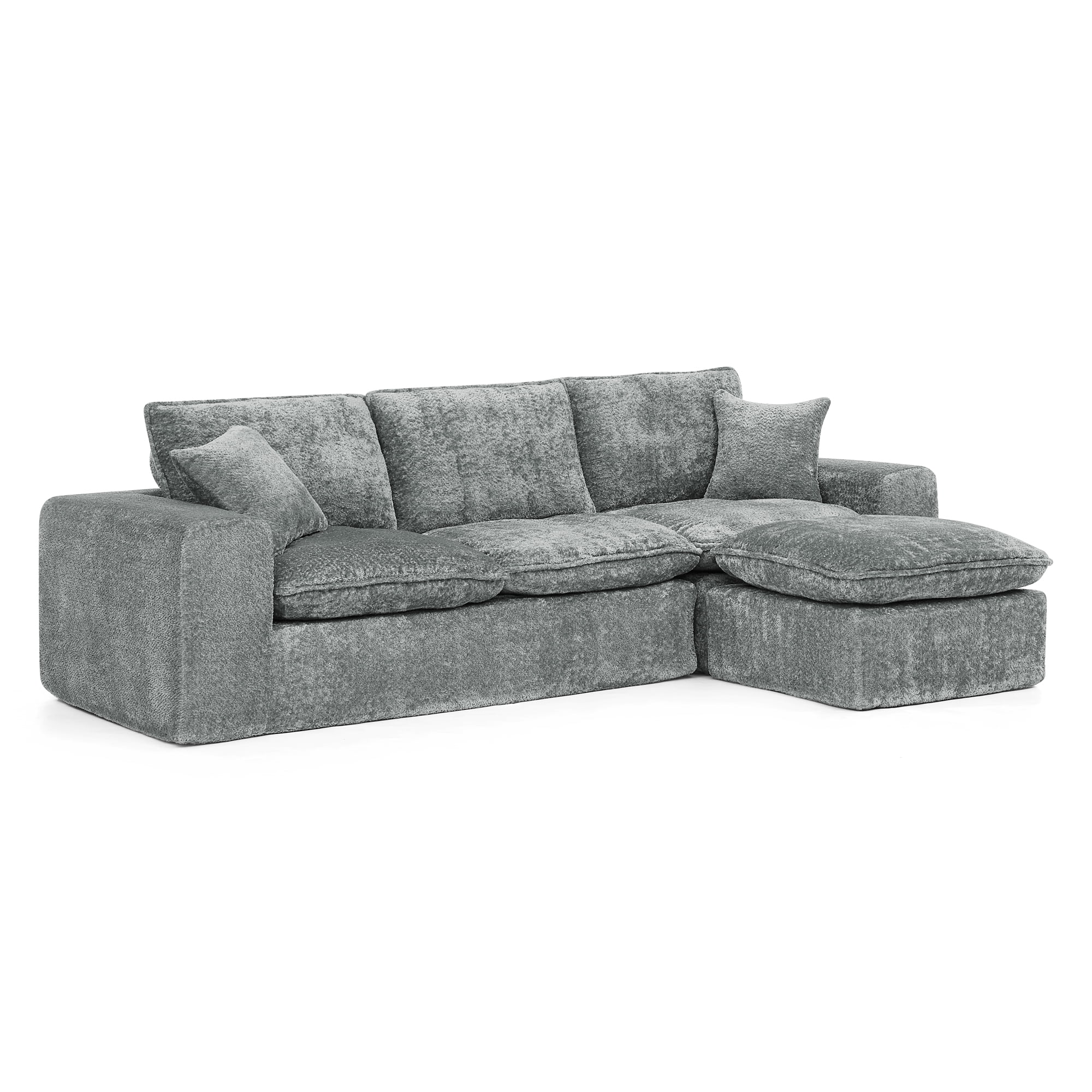 Mintazer 107" Modern L-Shaped Boucle Sectional Sofa with Reversible Ottoman, Cloud Soft Modular Couch with Pillows & Cushion for Living Room, Gray