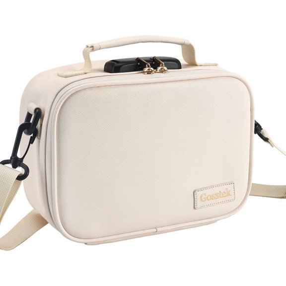 PU Leather Smell Proof Bag with Combination Lock, Premium Smell Proof Storage Box case, Durable Odorless Container Box for Home and Travel (Beige)