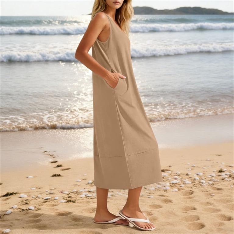 casual khaki dress womens Miluxas Sleeveless Square Neck Bubble Hem for Women Summer Solid Loose A Line Shift Dress with Pockets Daily Going Out Vacation Outfits scarf dress Color:Fuchsia Taffeta Jovani 36733 Midriff Detail Wander often around design with a
