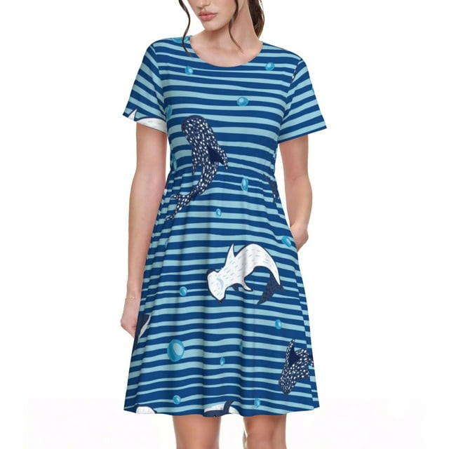 Fotbe Sharks on White Blue Striped Vestido Largo de Moda para Mujer, Vestido Tipo Camiseta con Manga Corta y Estilo Casual a Rayas y Bloques de Color