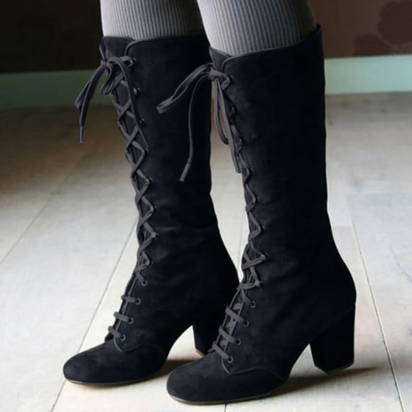 Bmisegm Women Fashion Casual Vintage Retro Mid-Calf Boots Lace up Thick Heels Shoes Black 8