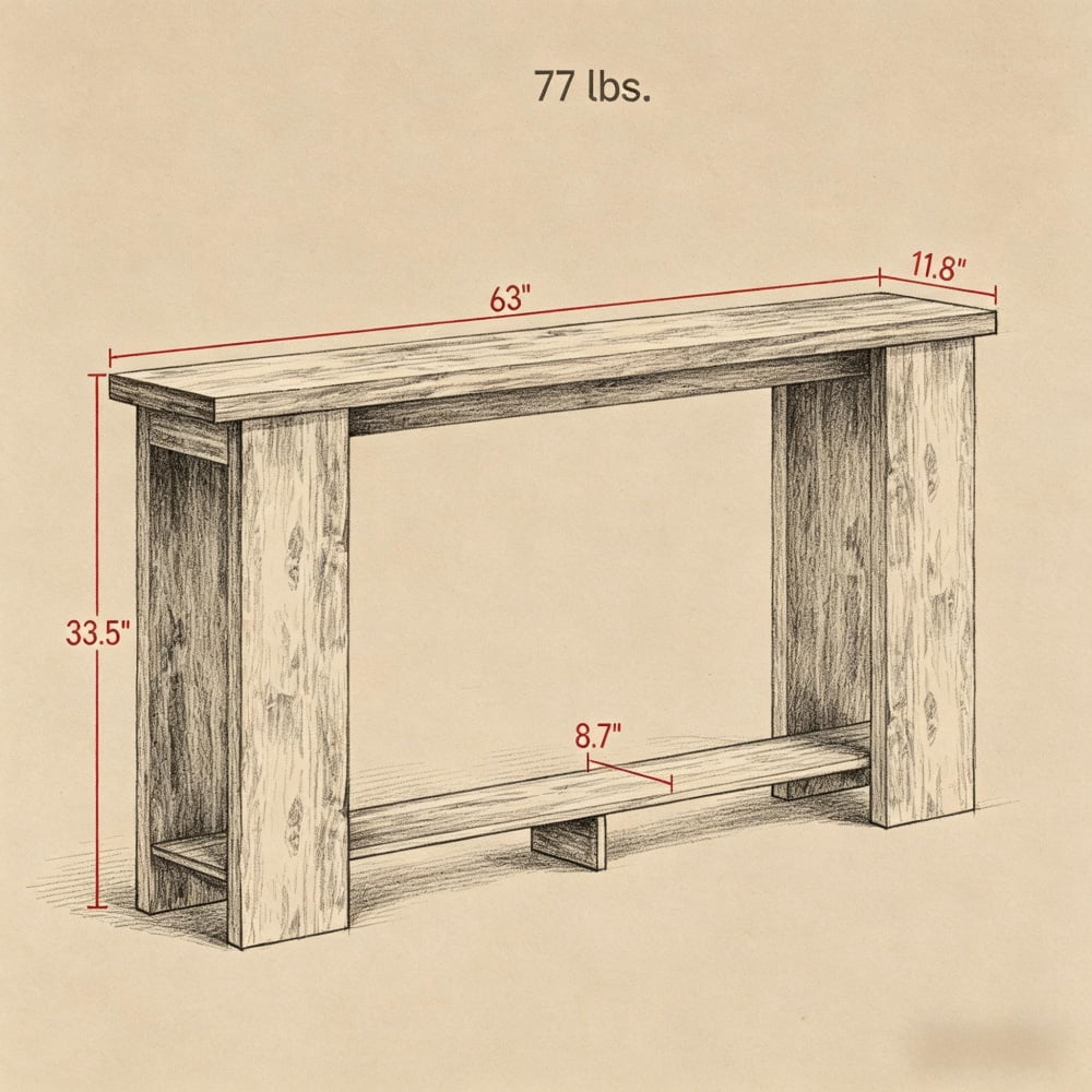Distressed Brown Narrow Console Table, 63" Long MDF Sofa Table with Open Shelf, Anti-Tip Strap for Living Room/Hallway