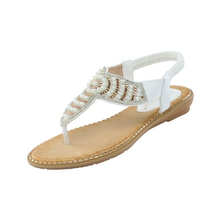 

Women Flat Sandals Summer Boho Rhinestone Dress Shoes Comfort Open Toe Elastic Ankle Strap Strapless Sandals Roman Sandals