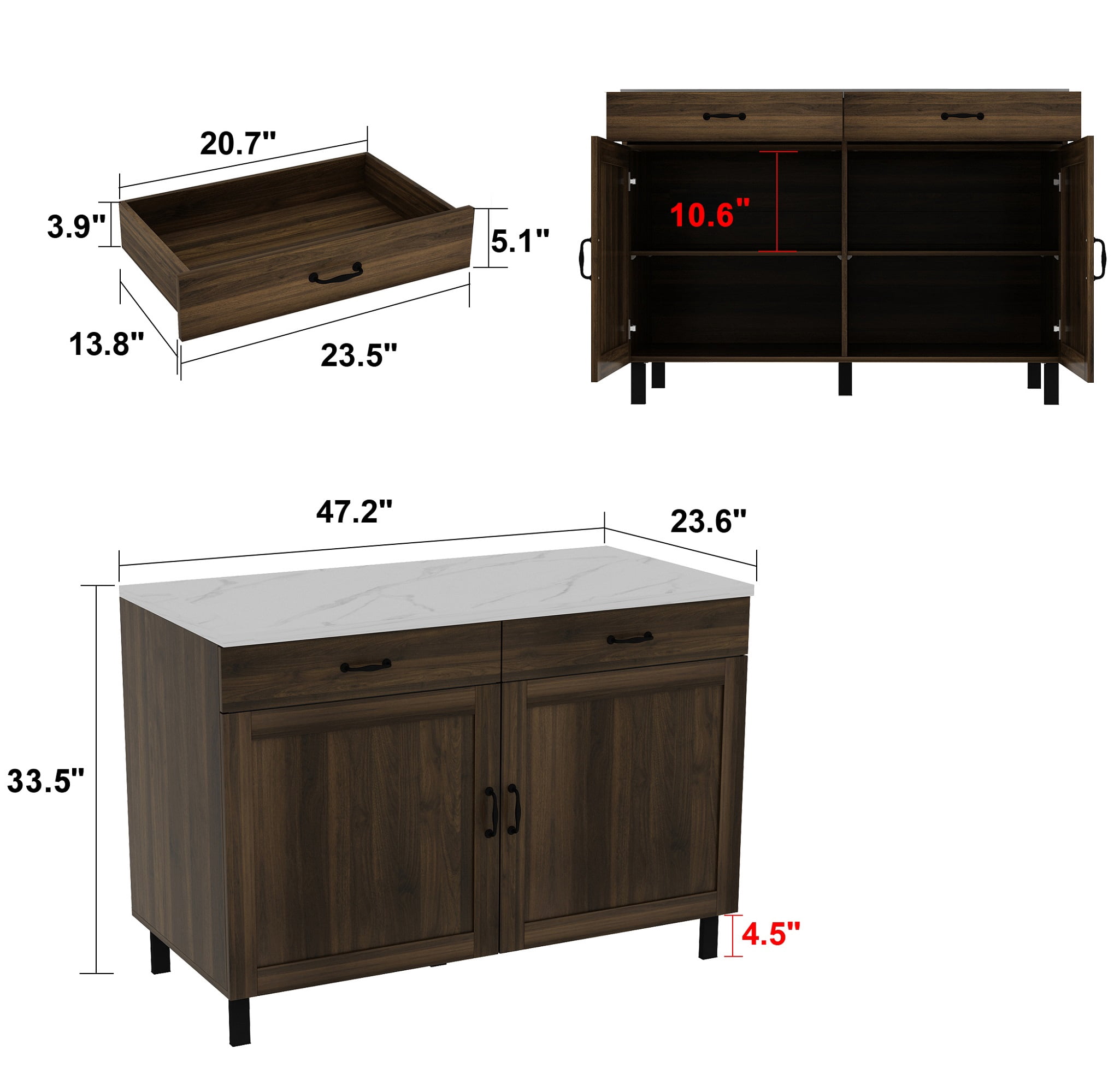 KULAGAGA Kitchen Island with Drawers, Buffet Storage Cabinet with White Marbling Top, Rustic Brown