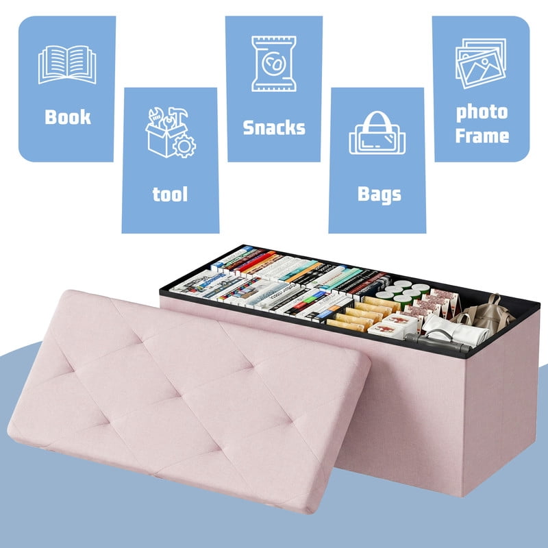 Gianna 30 Inch Folding Ottoman With Storage Bench, Bedside Storage Bench With Linen Top Cover and Cushion, Footrest Suitable for Bedroom, Living Room, Pink