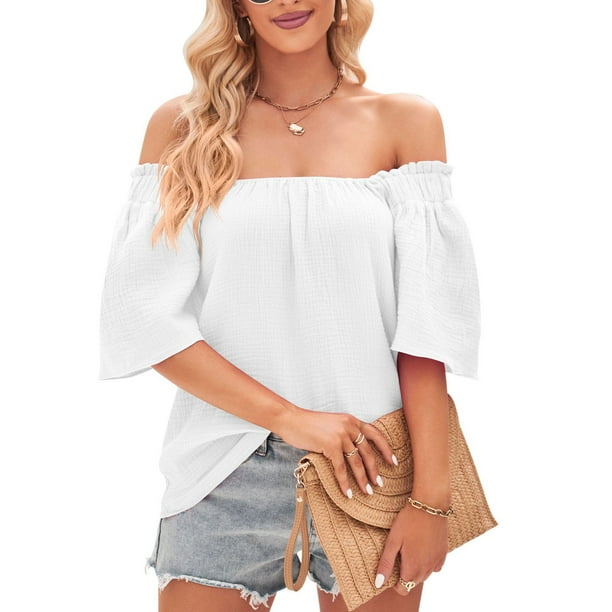 Blusa de verano para mujer con hombros descubiertos manga corta busto elastico ajuste holgado informal Walmart en linea