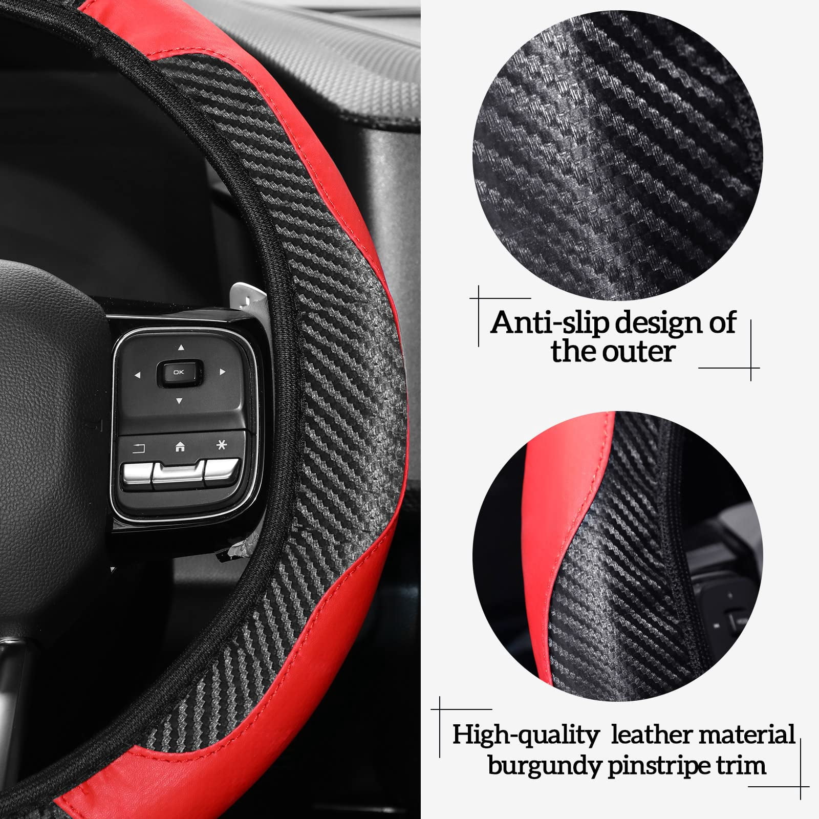 30Pcs Car Interior Accessories Set PU Leather Carbon Fiber Pattern Steering Wheel Cover for Women and Men with Armrest Pad Seat Belt Covers Cup Coasters Vent Trim strips, Red