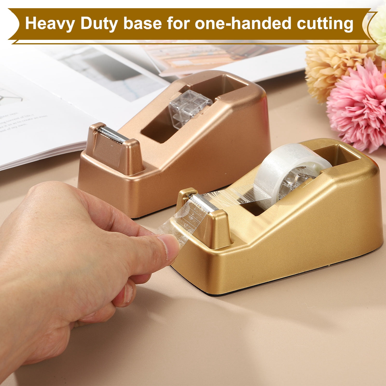 2pcs Tape Dispenser Desk, Heavy Duty Tape Dispenser Desktop Light Luxury Frosted Dispensers Holder Non-Skid Base Elegant for Home Office Desktop Small Business Gift, Rose Gold
