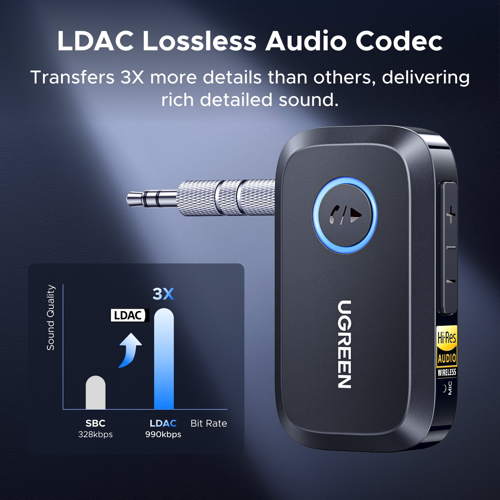 GREEN Bluetooth 6.0 Receiver for Car with LDAC, AI Noise Cancelling AUX Bluetooth Adapter, Hi-Res Wireless Audio Receiver for Home Stereo, 17H Battery - Black
