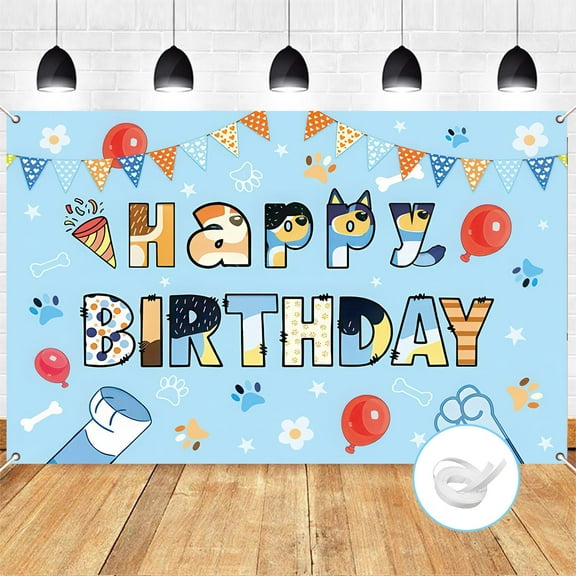 Blue Dog Birthday Backdrop, 5 x3ft Birthday Party Decoration Background, Cute Cartoon Animal Theme Photo Banner for Kid, Adult