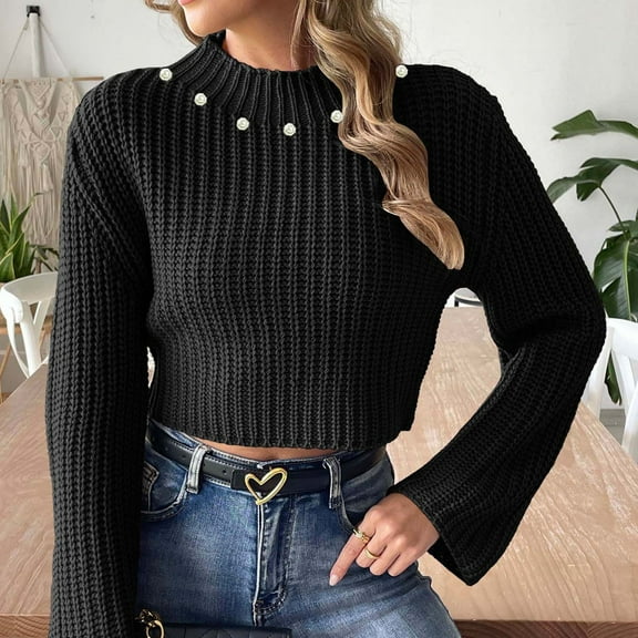 Qetyuw Crop Crochet Knit Sweater for Women Chunky Long Sleeve Mock Neck Pullover Sweaters Solid Color Casual Jumper