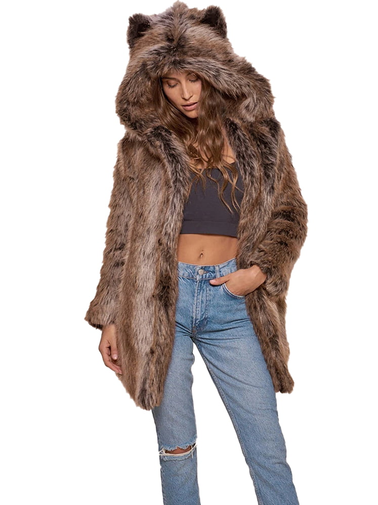 Womens Winter Faux Fur Coat Hoodies Jacket With Bear Ear Cute Thick Outerwear Parka