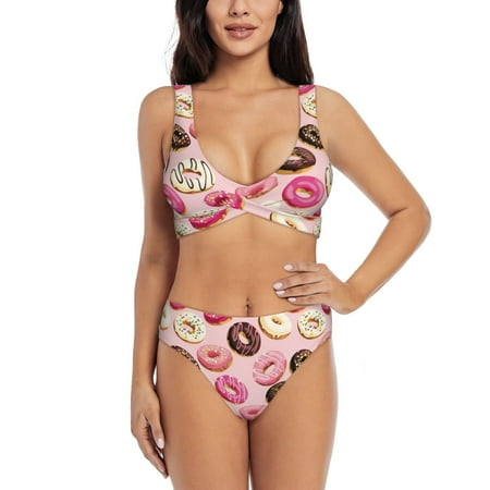 Bathing Suit For Women  Pink Brown White Donut Print High Waisted Bikini Set Bathing Suit Cross Lace Up Swimsuit