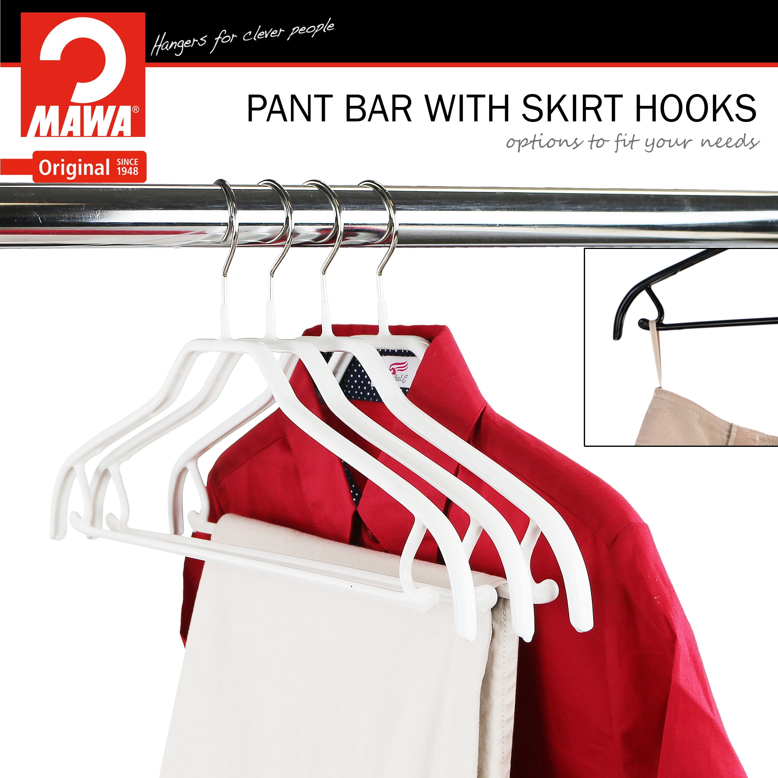 Mawa by Reston Lloyd Silhouette Series Non-Slip Space Saving Hanger with Pant Bar/Skirt Hook, Style 41/FRS, Set of 5, White