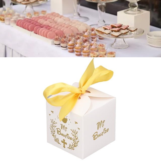 Regalo 50 Uds. Cajas De Recuerdo De Fiesta Material De Papel Patrón Mi Bautizo Equipado Cinta Dorada Cajas De Regalo De Boda Blancas Para Fiesta