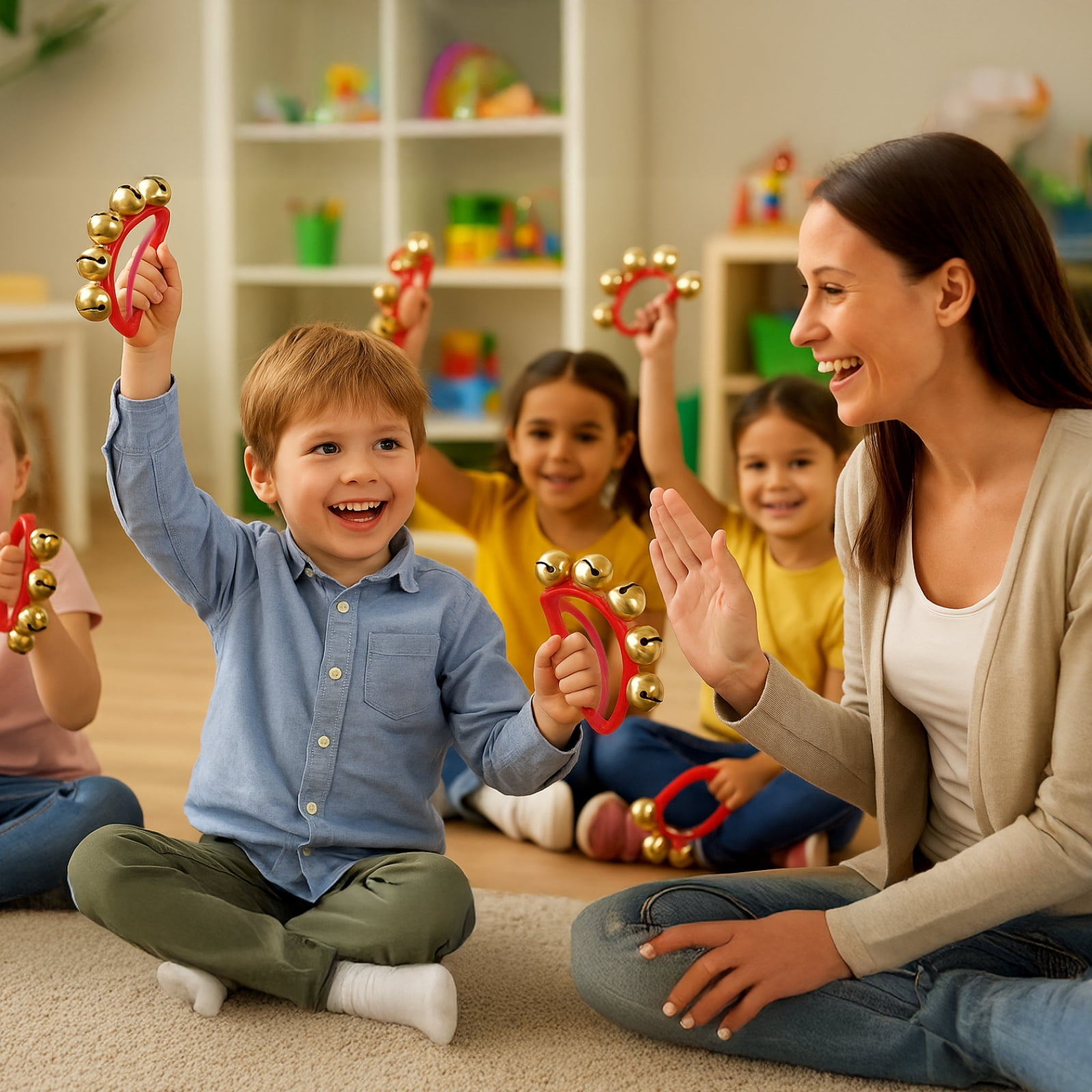 32 Pcs Hand Bells, Orff Musical Instruments, Jingle Bells, 4 Colors, Tambourine Noise Makers for Little Ones and Adults, Ideal for Parties, Celebrations, and Music Classes