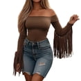 thumbnail image 2 of Endives Women's Long Sleeve Shirt Off Shoulder Western Cowboy Style Lightweight Sleeve with Tassel T Shirt Retro Shirt T Shirt Tunic Top Coffee, 2 of 7