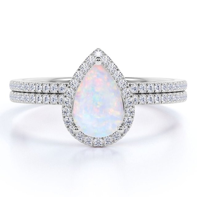 JeenMata Anillo Nupcial de 1,5 Uds con Halo de Moissanita y Ópalo de Fuego Azul en Forma de Pera Engastado en Oro Blanco de 18 K sobre Plata