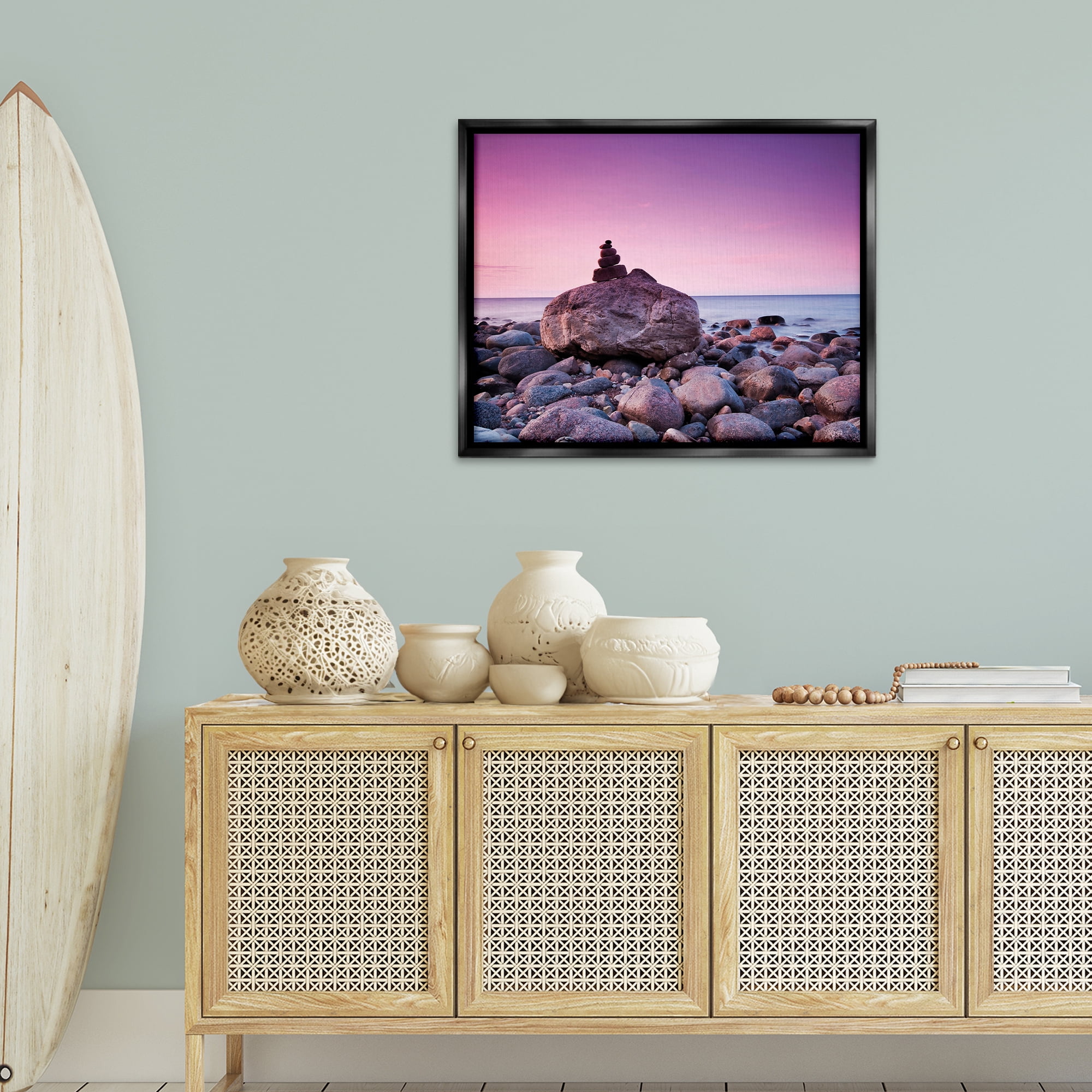 Stupell Industries Stacked Rocks on Shore Nautical & Beach Photography Black Floater Framed Canvas Art Print Wall Art, 31 x 25