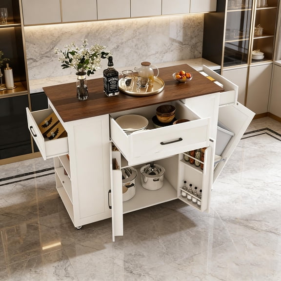 46-inch white rolling kitchen island with power outlet, with adjustable shelves and drawers, movable breakfast bar, suitable for kitchen or dining room