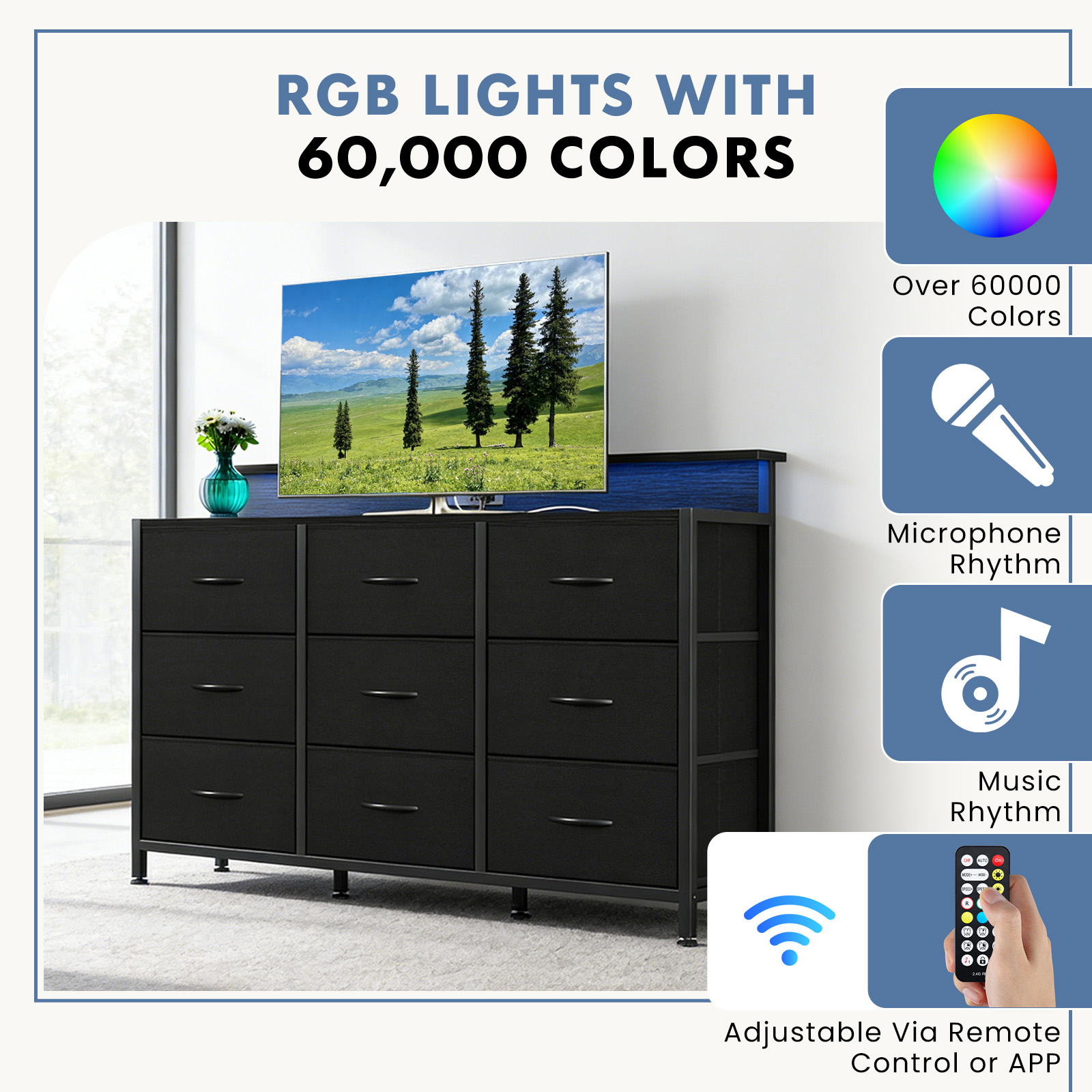 edx 9-Drawer Fabric Dresser TV Stand, Multifunctional Storage Cabinet with Power Outlets & LED Light, Black