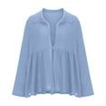 thumbnail image 4 of Womens Button Down Linen Shirts Long Sleeve V Neck Blouse Ruffles Solid Color T-Shirt Flowing Irregular Hem Pullover, 4 of 7