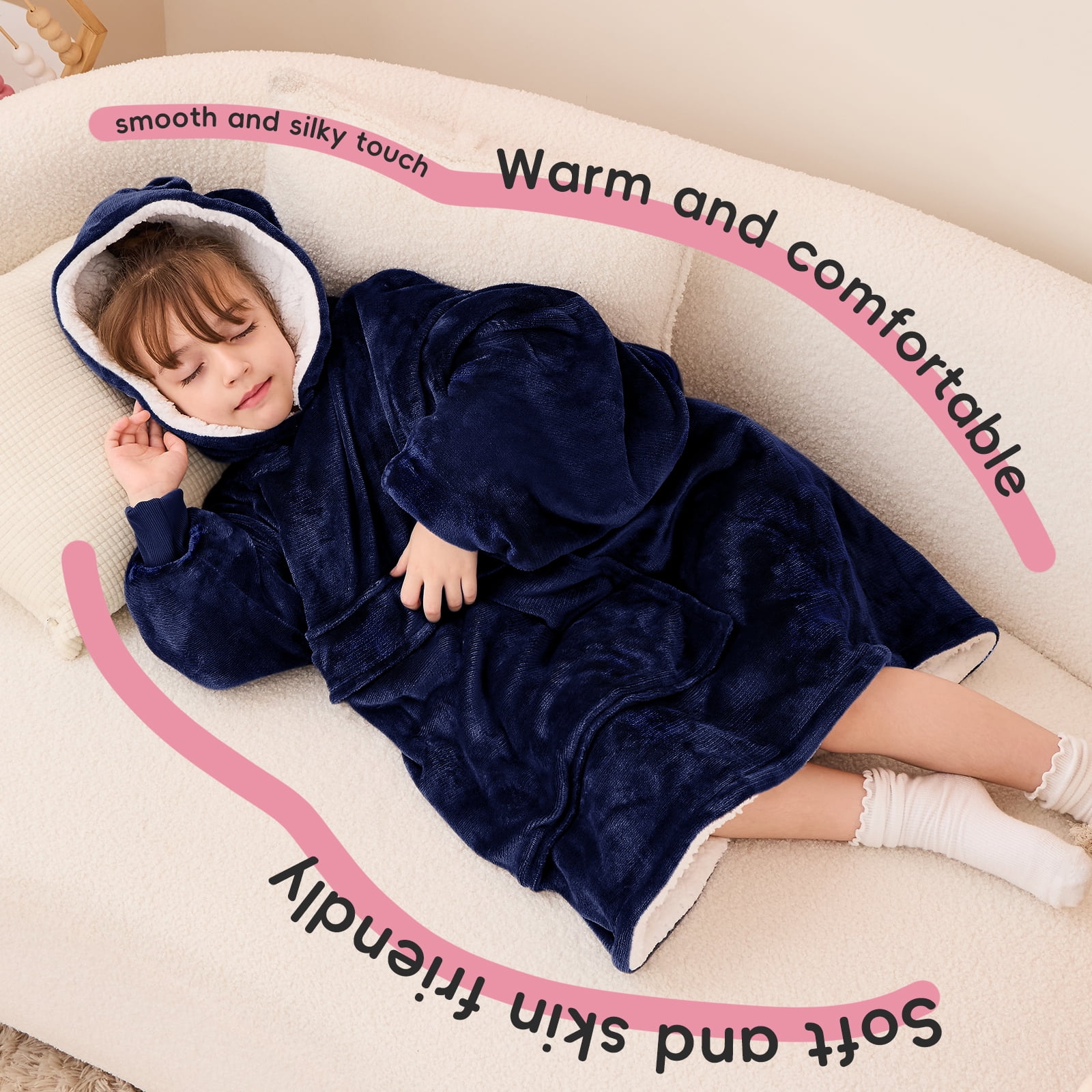 PMONPA Wearable Blanket Hoodie for Kids, Soft Double Layer Sherpa Fleece Sweatshirt,Teen Gifts for Kids, Youth, Boys, Girls, One Size, Blue
