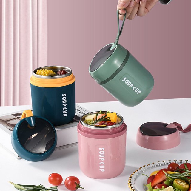 YOPTOP 480ML Food Flasks Stainless Steel Lunch Flask with Foldable Spoon Thermal Insulated Soup Container for Kids Adult,green,480ml