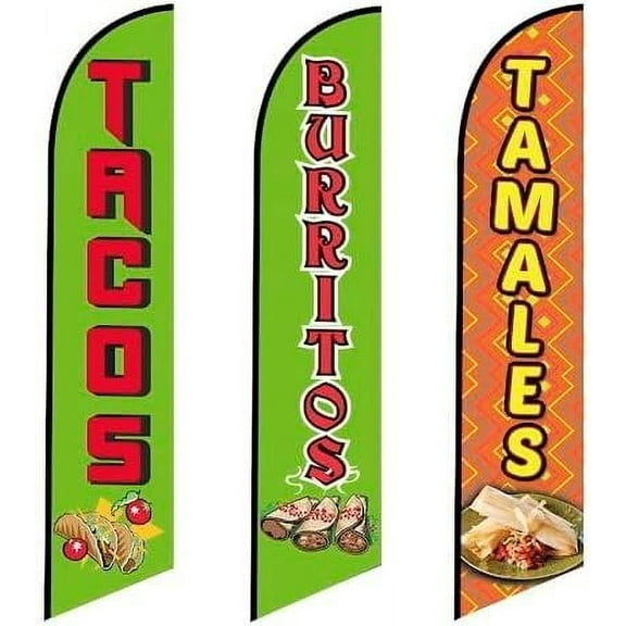 3 three Pack Tall Feather Flags Mexican Food Restaurant Tacos Burritos and Tamales Advertising Replacement flags only