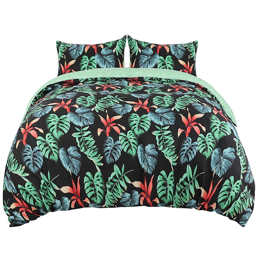 Unique Bargains Tropical Plant Pattern Duvet Cover Bedding Set Green