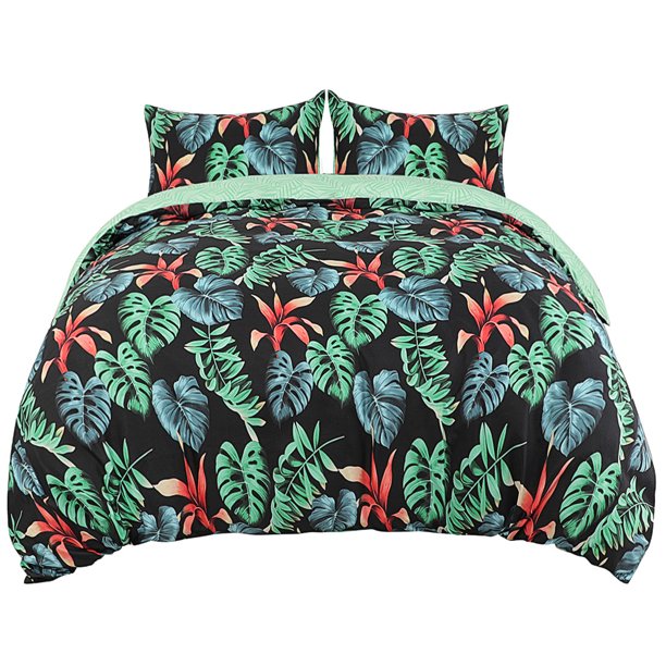 Unique Bargains Tropical Plant Pattern Duvet Cover Bedding Set Green