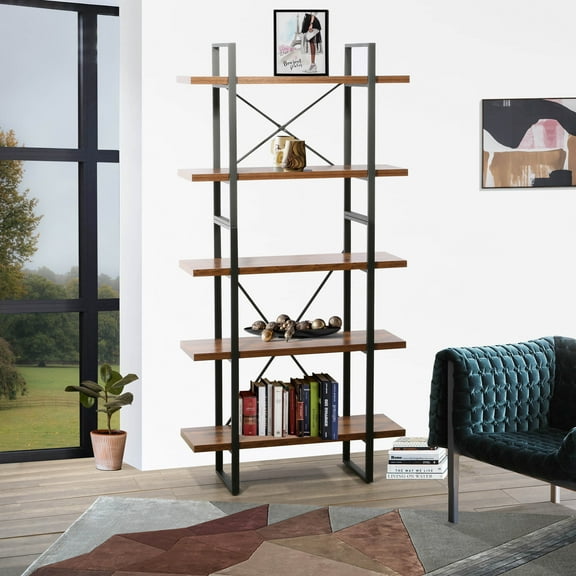 Davee 5-tier Antique Walnut Color bookshelves-35"W*71"H