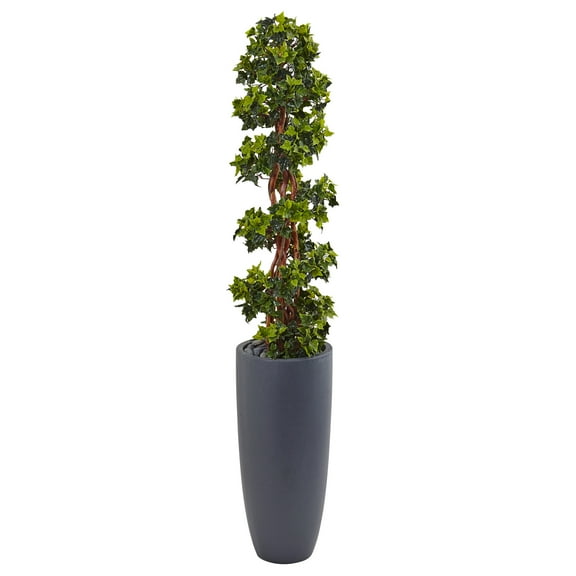 Nearly Natural 5ft. English Ivy Spiral Topiary Artificial Tree in Gray Cylinder Planter UV Resistant (Indoor/Outdoor), Green