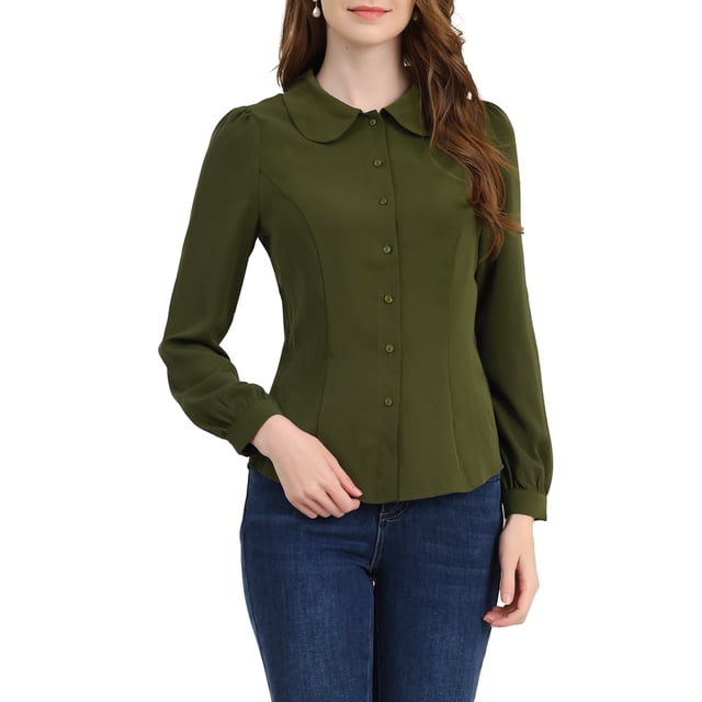 CAMISA DE BOTONES PARA MUJERES INSPIRE CHIC CON COLLAR PETER PAN Y NUDO PARA TRABAJO TALLA XL VERDE OLIVA