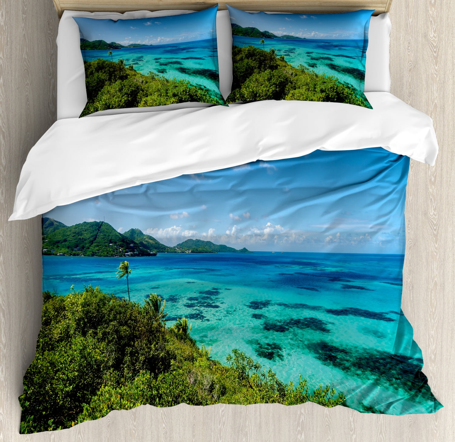 Coastal Duvet Cover Set King Size, Green Trees Clear Water Idyllic