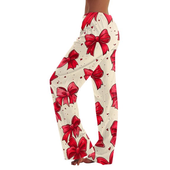 Women's Bow Print Wide Leg Pajama Pants, Elastic High Waist Loose Sleep Pants Casual Loungewear Trousers, XL