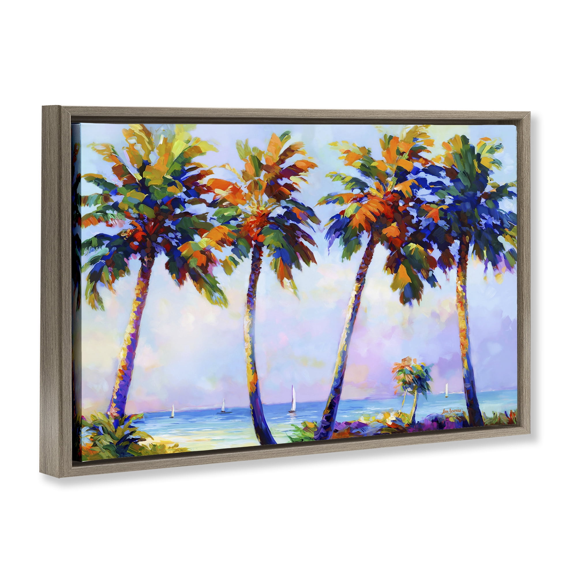 Stupell Industries Palm Trees in Sun Warmth Landscape Painting Brown Floater Framed Canvas Art Print Wall Art, 31 x 21