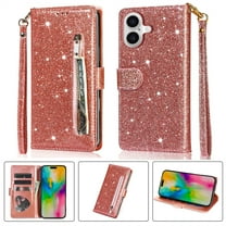 Allytechgroup Glitter Case for iPhone 16, Bling PU Leather Flip Folio Stand Cards Holder Anti-Scratch Shockproof Bumper Wallet Case Cover for iPhone 16, Rosegold
