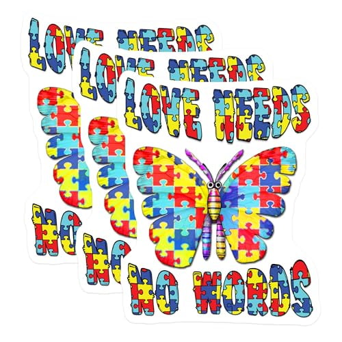 (3 Pack) Autism Awareness Decals - Puzzle Butterfly Stickers - Love Needs No Words Laptop Decal- 3 Inches On Longest Side - Easy Peel & Apply - Made in USA - 3MCS5464
