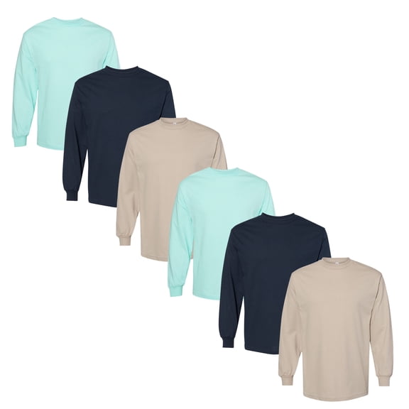 American Apparel Men's Long Sleeve Cotton T-Shirt | Celadon, Sand and True Navy Tee, 6-Pack, S