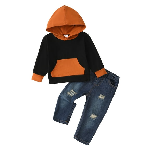 KIMI BEAR 3T Toddler Boys Pant Sets 4T Toddler Boys Fall Winter Outfits Color Block Hoodie Long Sleeves Hooded Top Ripped Denim Pants 2PCS Brown