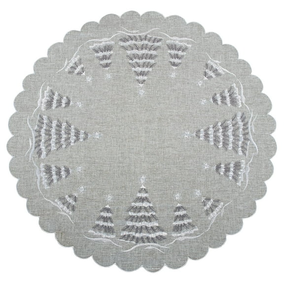 Snowy Silver Christmas Tree Scene on Gray Table Topper (23" Round)