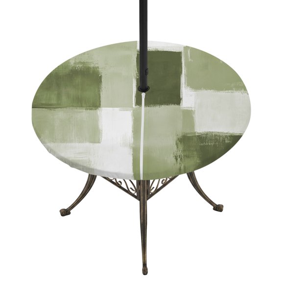 Round Outdoor Tablecloth with Umbrella Hole and Zipper, Sage Green Geometric Tablecloth with Elastic Waterproof, Watercolor Ombre Modern Abstract Art Patio Table Covers for 55" - 60" Pool Tables