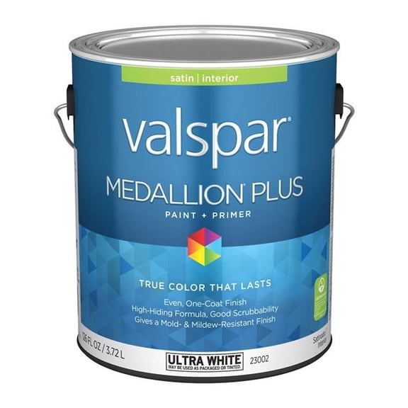 Valspar 23002 Ultra White Base Medallion Plus Interior Paint & Primer, Satin, 1 Gallon