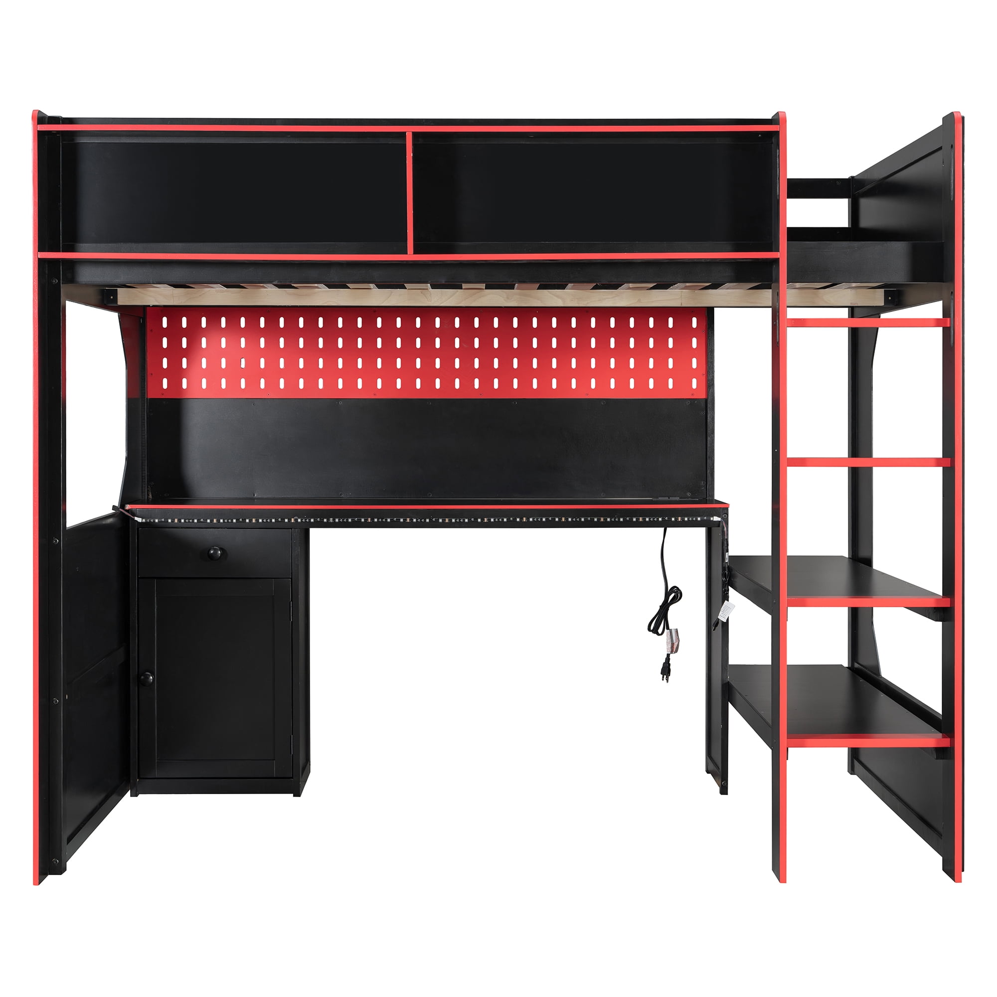 Mintazer Full Size Gaming Loft Bed with Desk & LED Lights, Modern Bed Frame with Storage Shelves & Pegboard and Charging Station for Dorm Bedroom Apartment, Black & Red