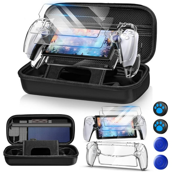 12 in 1 Accessories Set for Playstation Portal Remote Player, Hard Carrying Case for PS Portal with Clear Skin Case for PS5 Portal, 2 Screen Protector with 4 Thumb Grip, Carbon Black