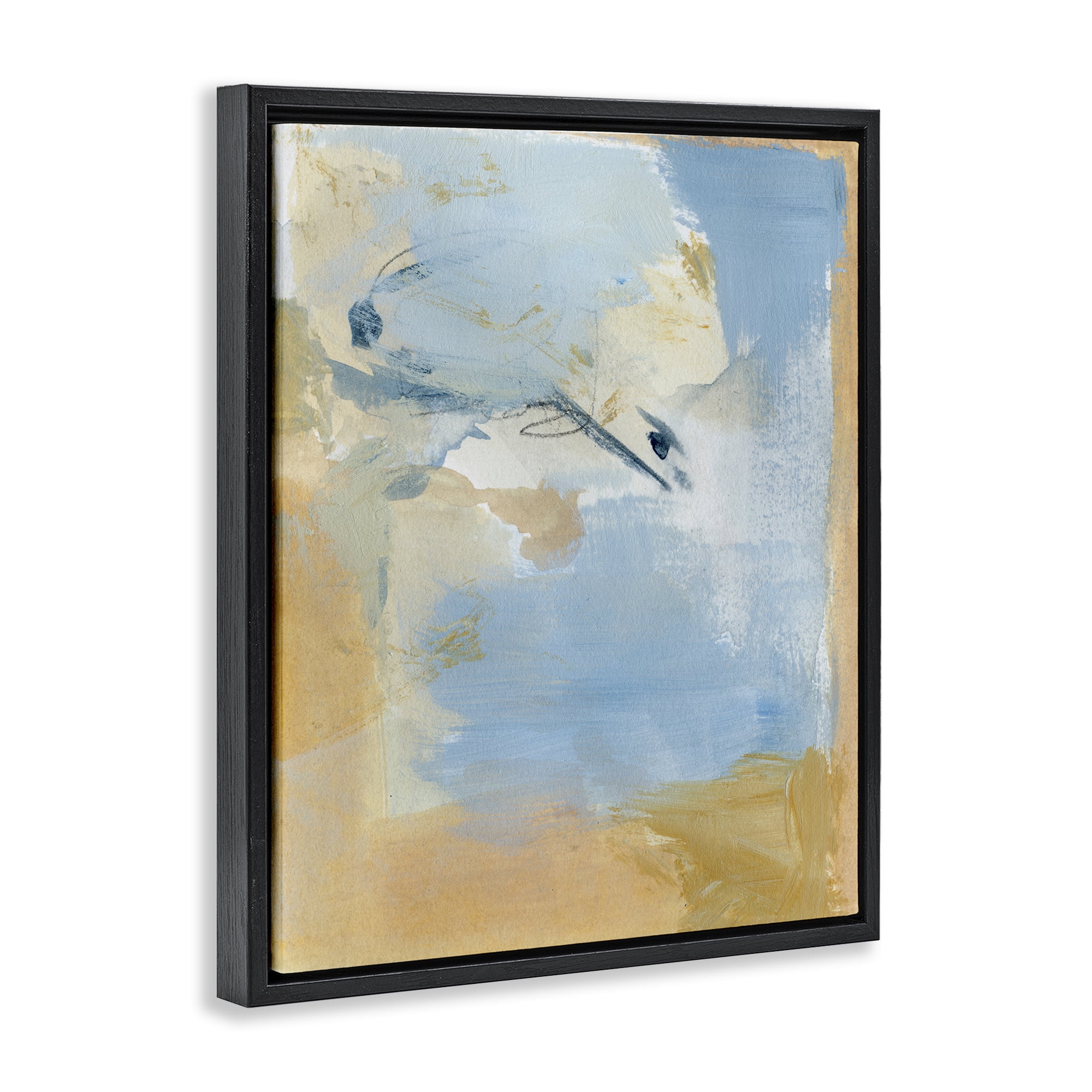 Stupell Industries Distressed Gold & Blue Abstract Painting Black Floater Framed Canvas Art Print Wall Art, 17 x 21